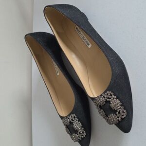 Manolo Blahnik Black Flats with Silver Embellishment